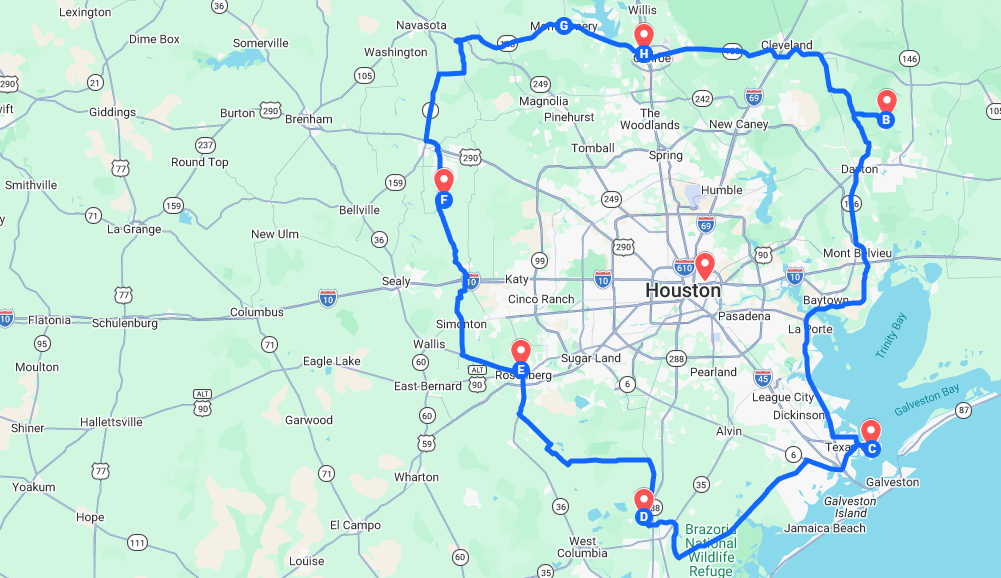 Map of Big Star RVs' Greater Houston service area, with the service route looping from Navasota and Bellville east to Cleveland and Dayton and south to Galveston and the Brazoria coast