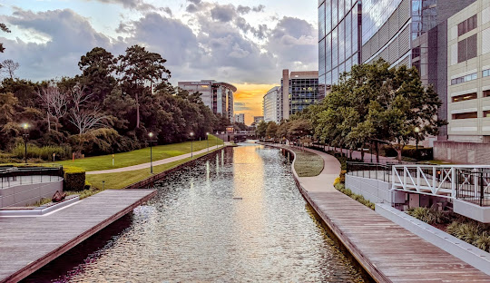 The Woodlands Waterway in Montgomery County, Texas at dusk