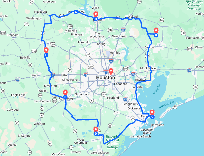 Map of Big Star RVs' Greater Houston service area, covering counties from Bellville and Brenham east to Galveston Bay and the Big Thicket