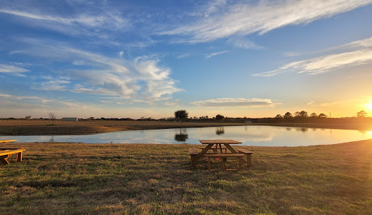 A calm Waller County lake at sunset in the Texas countryside